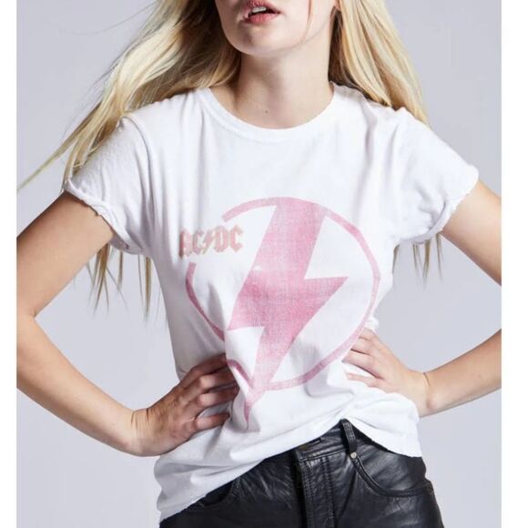 Recycled Karma Women’s L AC/DC Distressed Lightning Band Tee White‎ Pink 70s 80s - Picture 1 of 9